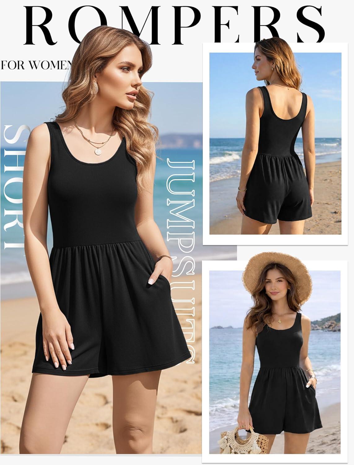 imageEkouaer Rompers for Women Summer Romper Sleeveless Scoop Neck Short Jumpsuits for Women Beach Jumpsuit with Pockets 2026Black