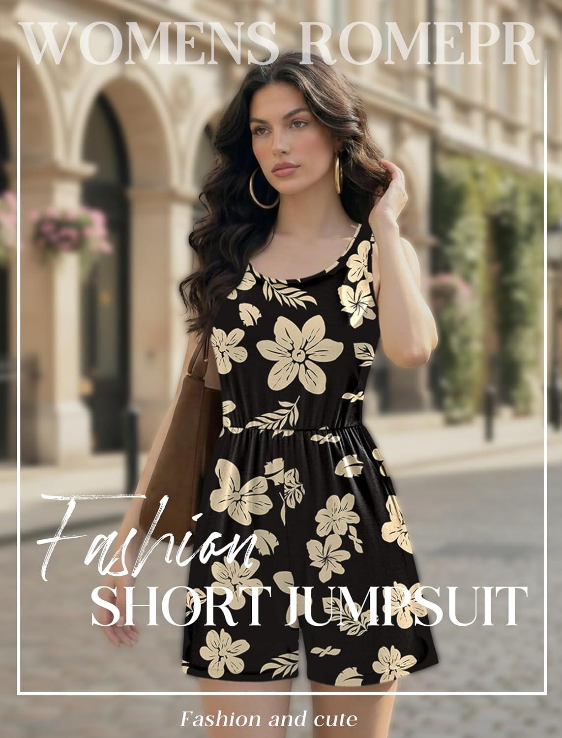 imageEkouaer Rompers for Women Summer Romper Sleeveless Scoop Neck Short Jumpsuits for Women Beach Jumpsuit with Pockets 2026Black Yellow Floral