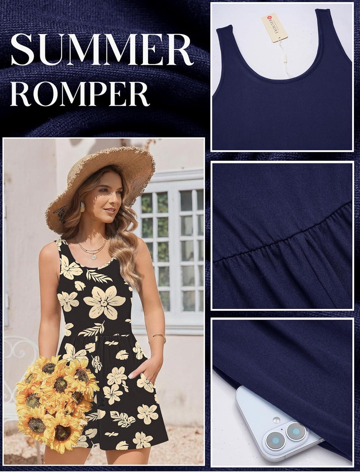imageEkouaer Rompers for Women Summer Romper Sleeveless Scoop Neck Short Jumpsuits for Women Beach Jumpsuit with Pockets 2026Black Yellow Floral