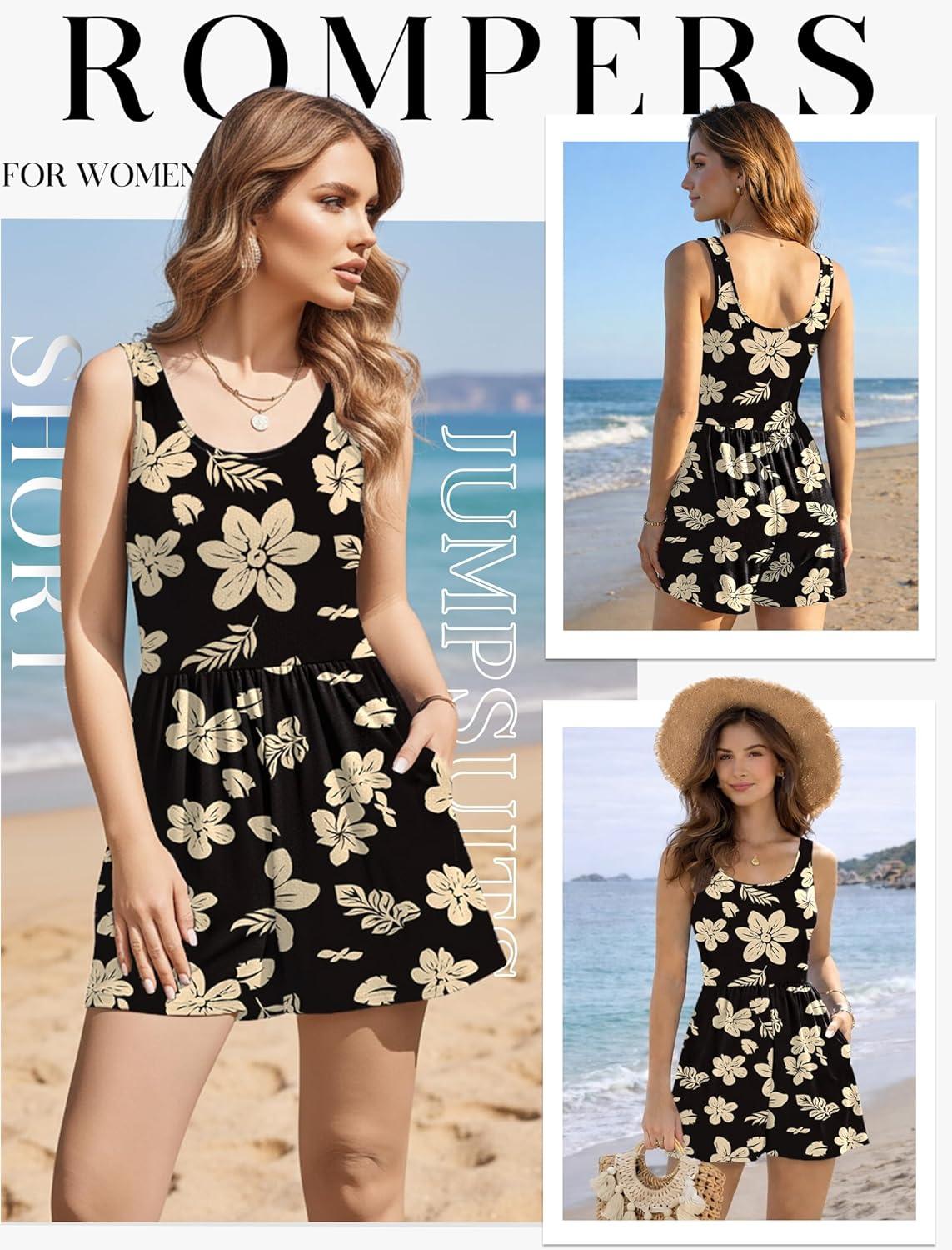 imageEkouaer Rompers for Women Summer Romper Sleeveless Scoop Neck Short Jumpsuits for Women Beach Jumpsuit with Pockets 2026Black Yellow Floral