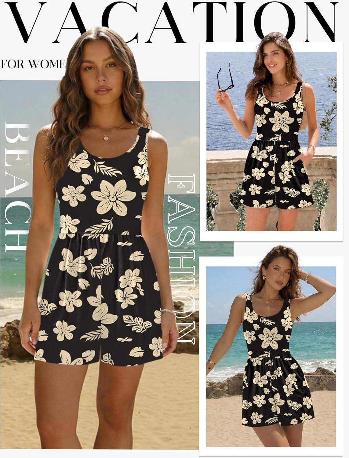 imageEkouaer Rompers for Women Summer Romper Sleeveless Scoop Neck Short Jumpsuits for Women Beach Jumpsuit with Pockets 2026Black Yellow Floral