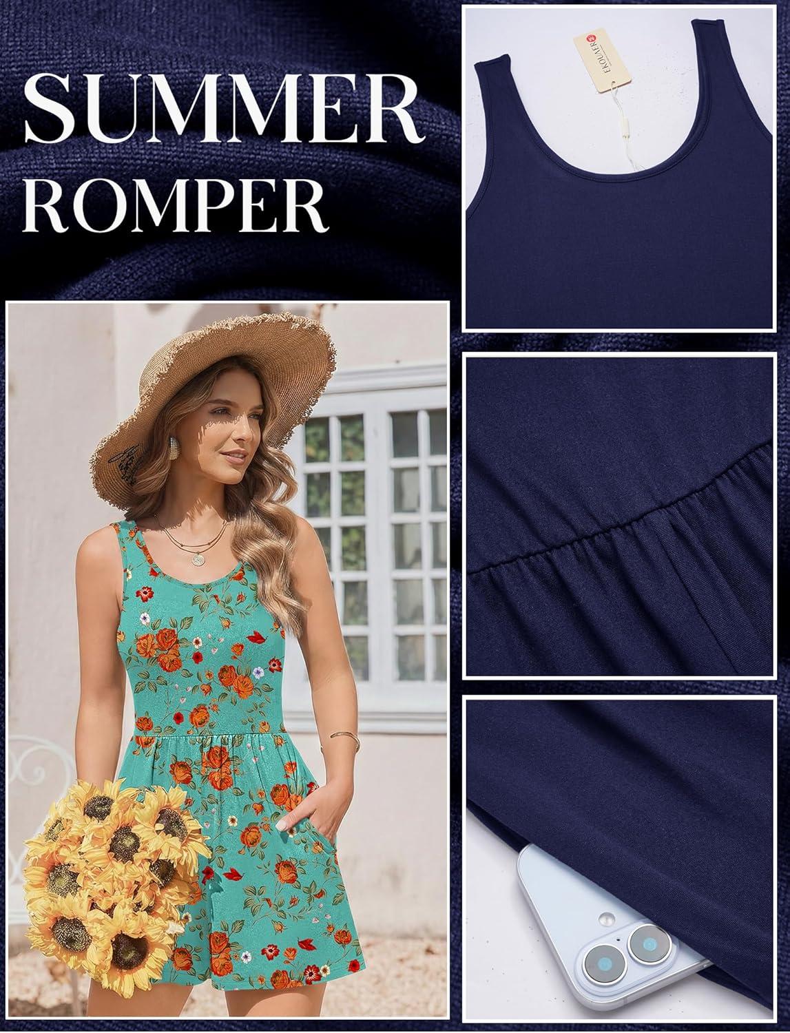 imageEkouaer Rompers for Women Summer Romper Sleeveless Scoop Neck Short Jumpsuits for Women Beach Jumpsuit with Pockets 2026Blue Orange Floral