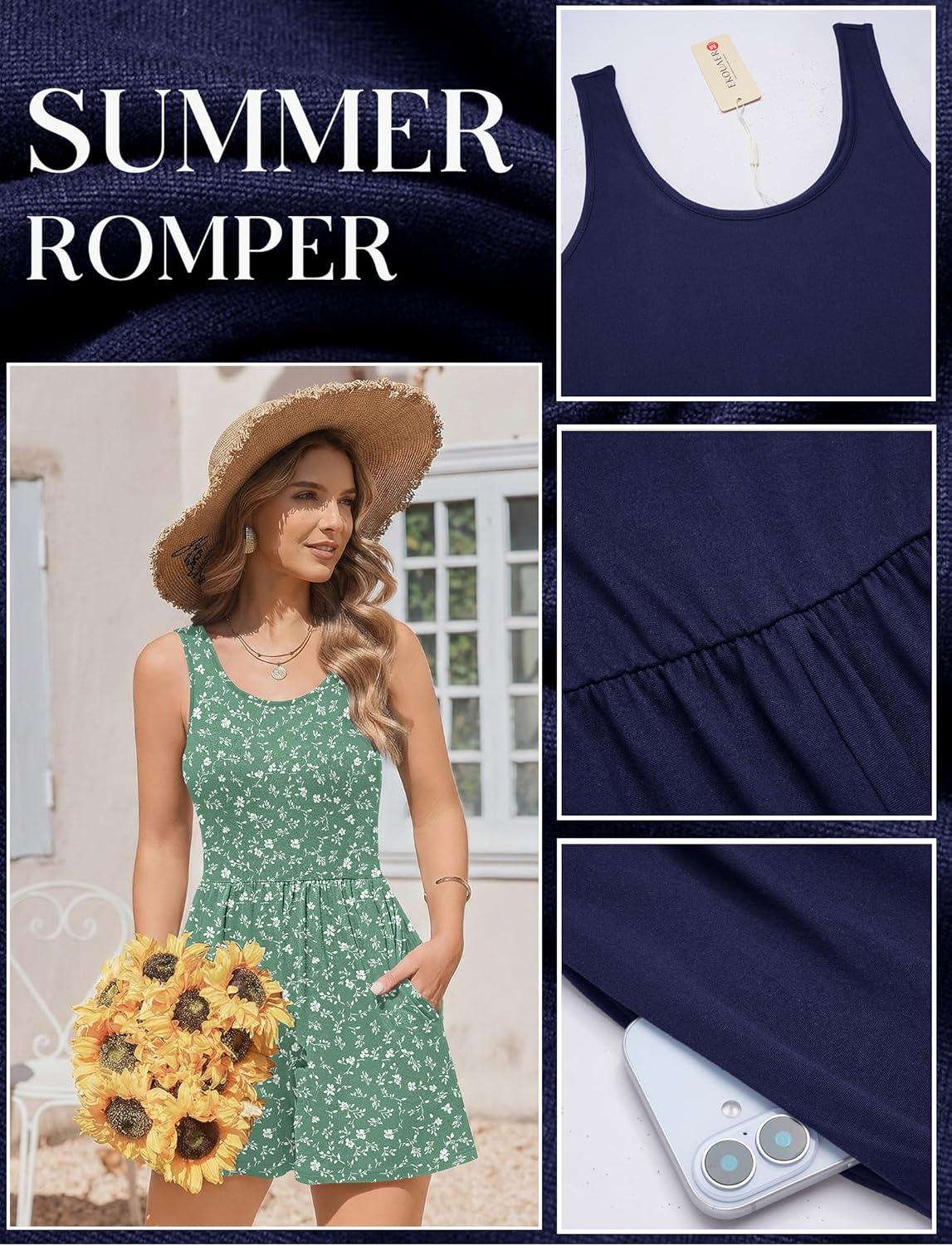 imageEkouaer Rompers for Women Summer Romper Sleeveless Scoop Neck Short Jumpsuits for Women Beach Jumpsuit with Pockets 2026Green White Floral