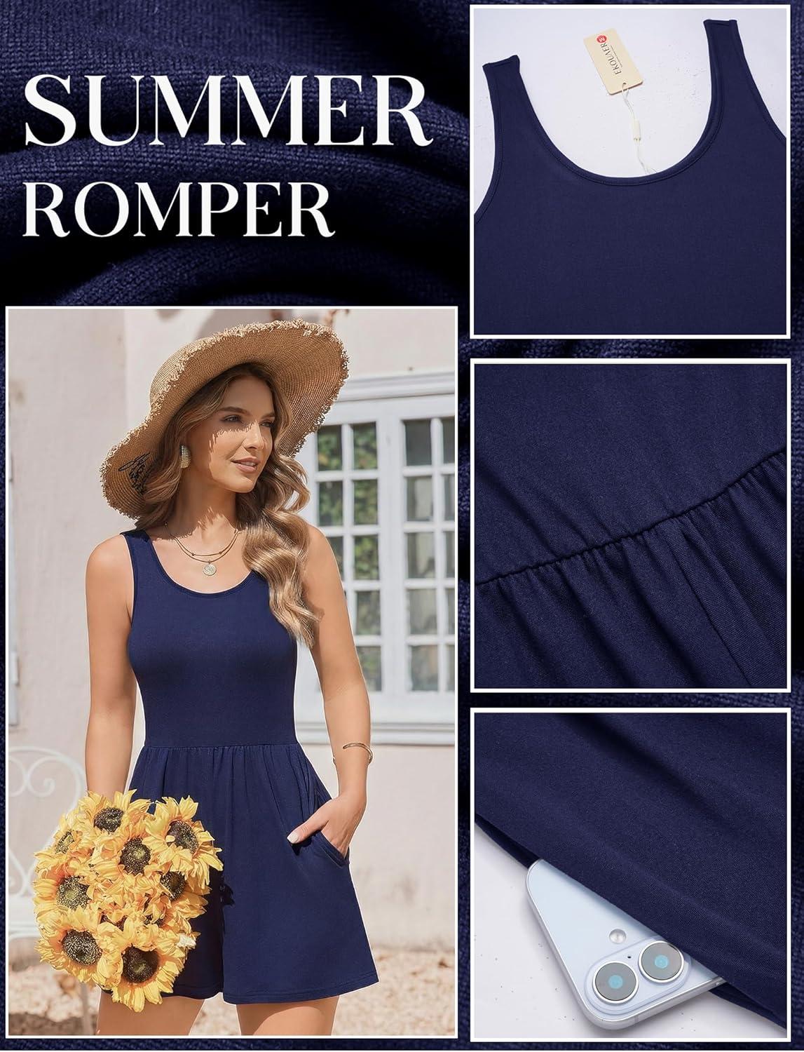 imageEkouaer Rompers for Women Summer Romper Sleeveless Scoop Neck Short Jumpsuits for Women Beach Jumpsuit with Pockets 2026Navy Blue