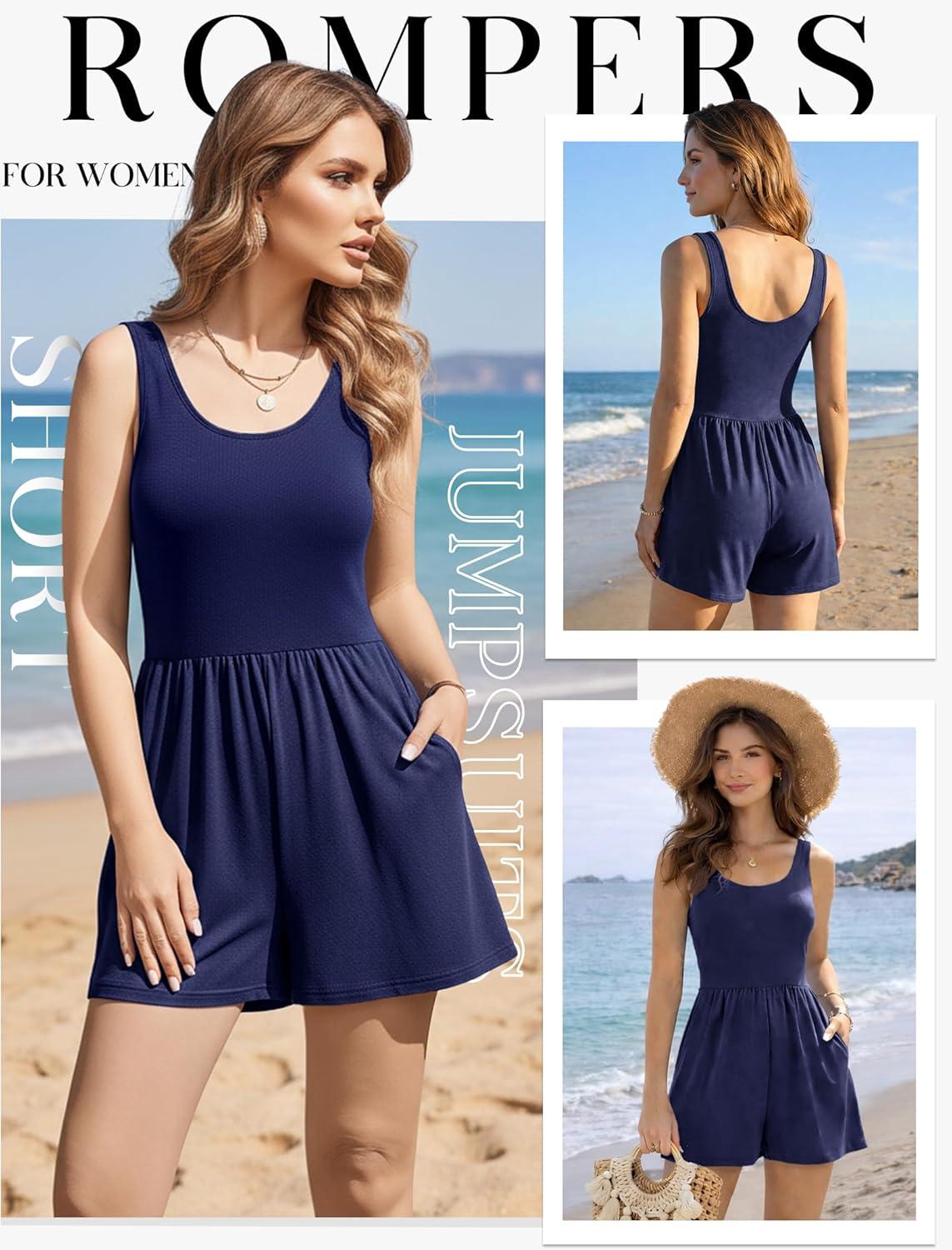 imageEkouaer Rompers for Women Summer Romper Sleeveless Scoop Neck Short Jumpsuits for Women Beach Jumpsuit with Pockets 2026Navy Blue