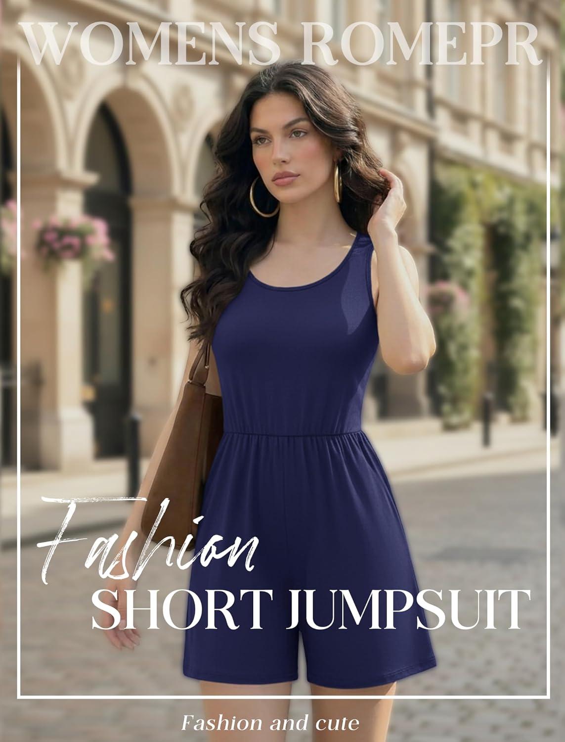 imageEkouaer Rompers for Women Summer Romper Sleeveless Scoop Neck Short Jumpsuits for Women Beach Jumpsuit with Pockets 2026Navy Blue