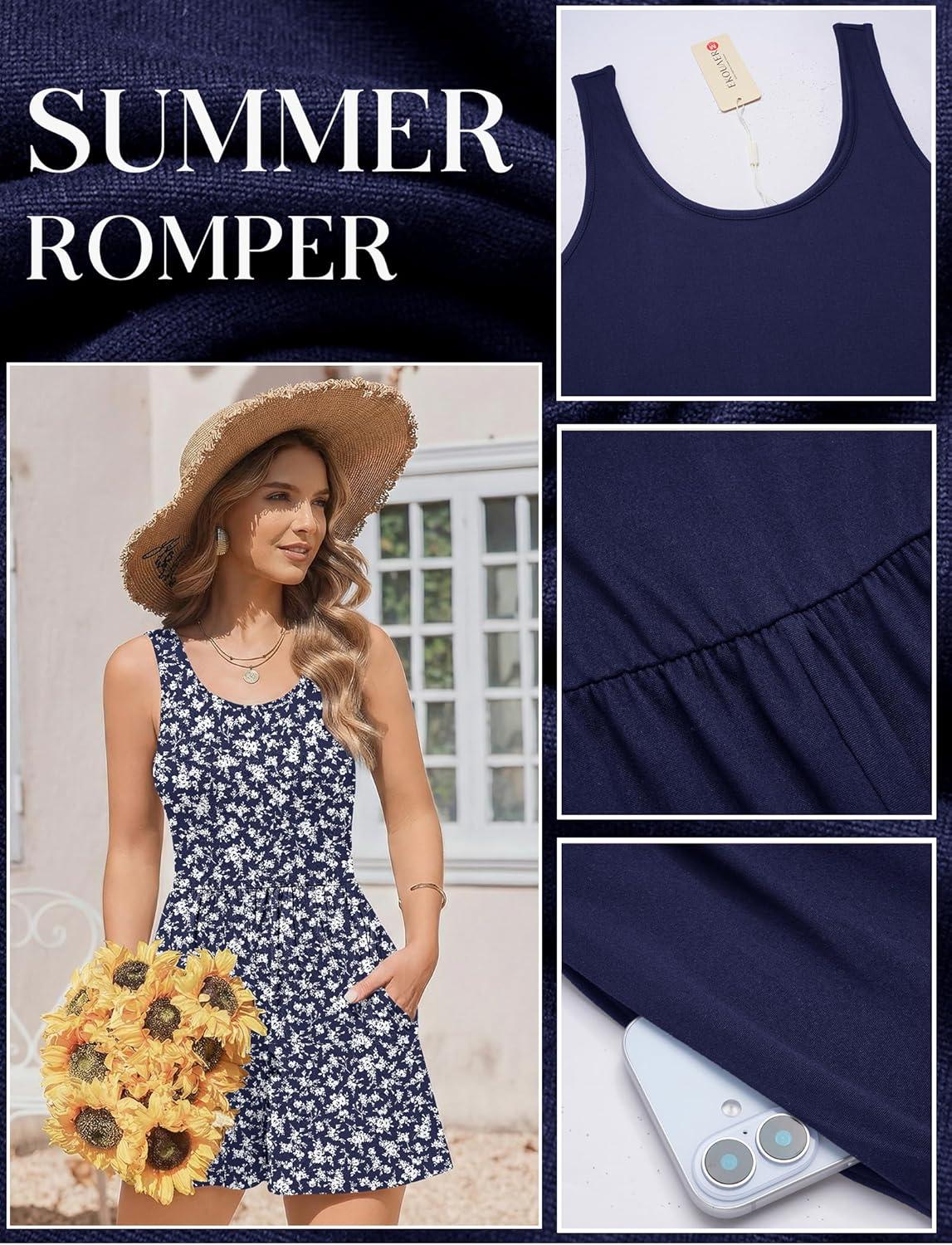 imageEkouaer Rompers for Women Summer Romper Sleeveless Scoop Neck Short Jumpsuits for Women Beach Jumpsuit with Pockets 2026Navy Blue Floral