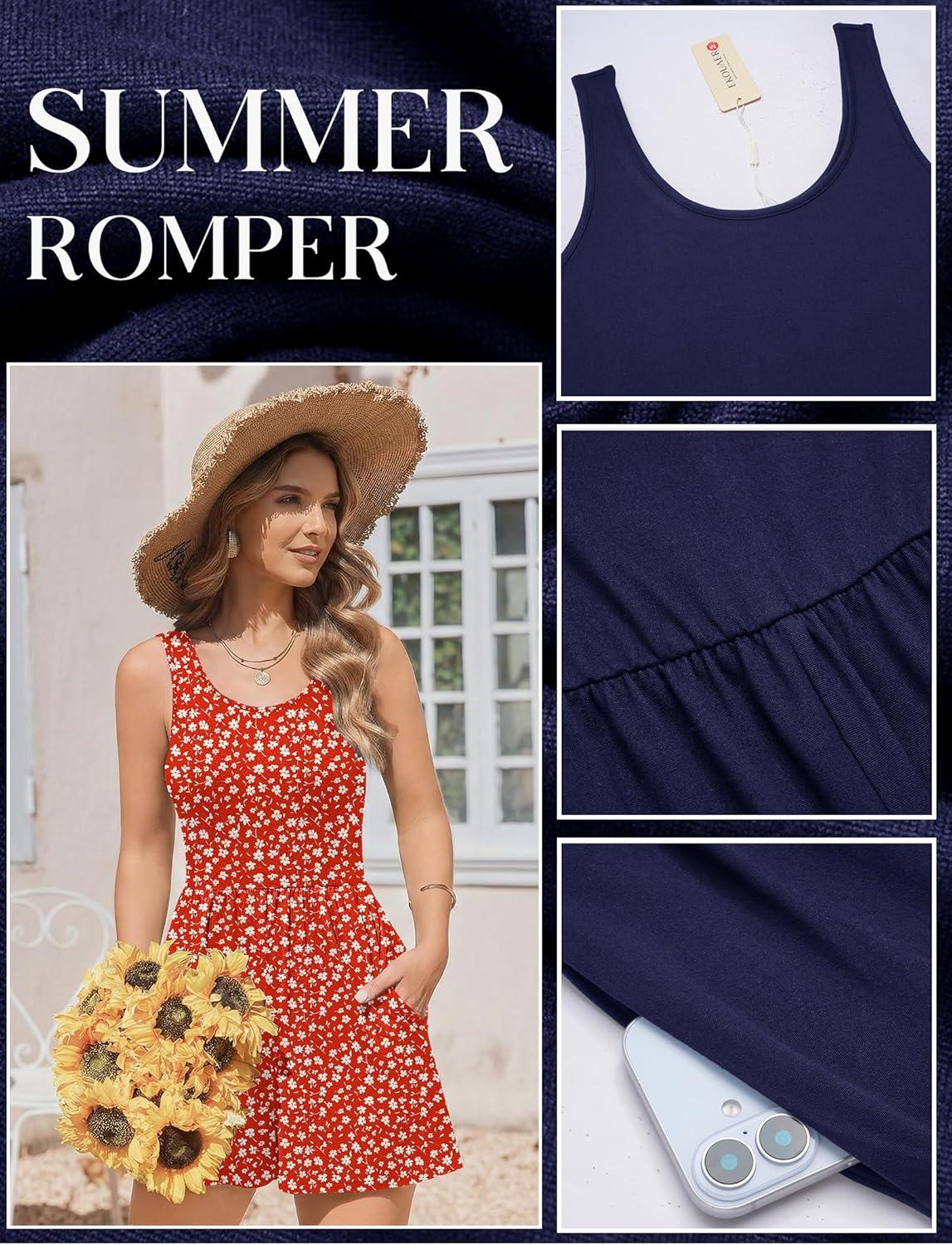 imageEkouaer Rompers for Women Summer Romper Sleeveless Scoop Neck Short Jumpsuits for Women Beach Jumpsuit with Pockets 2026Red Floral