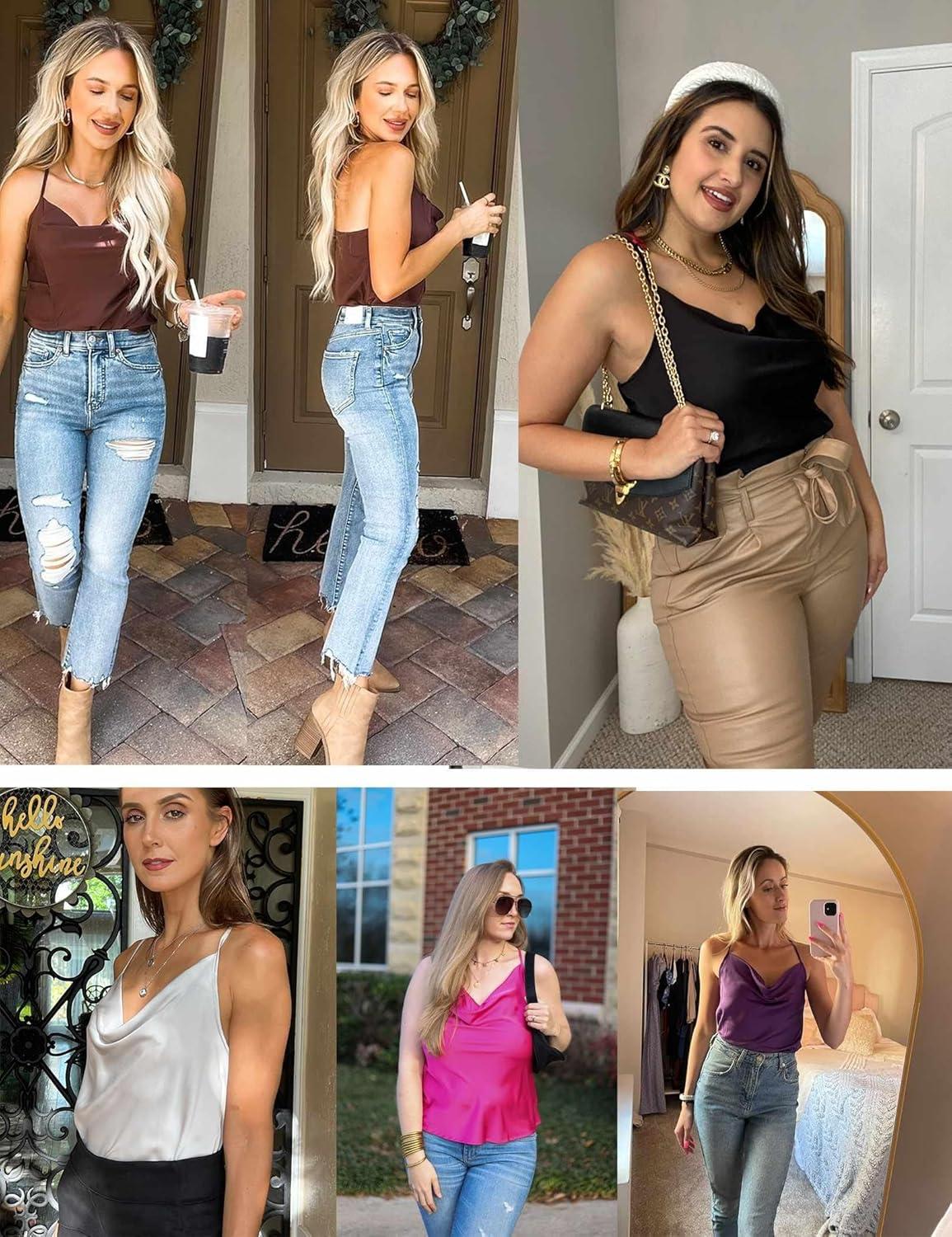 imageEkouaer Satin Cowl Neck Tank Top Women Camisole Silky Loose Sleeveless Basic Blouse Ladies Satin Tank ShirtBlue Green