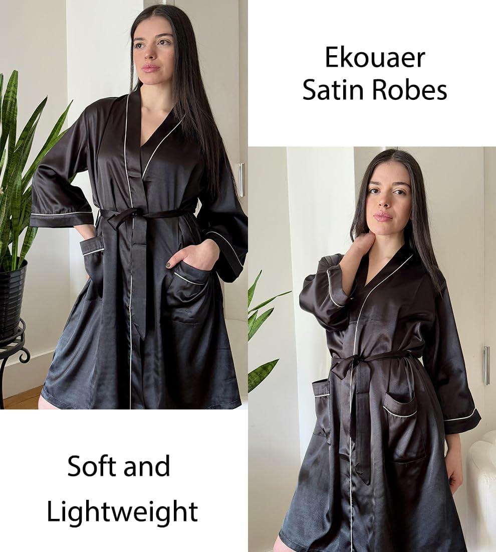imageEkouaer Silky Robes for Women Satin Knee Length Bride Bridesmaid Wedding Party Bathrobe Lightweight Sleepwear with PocketsBlack