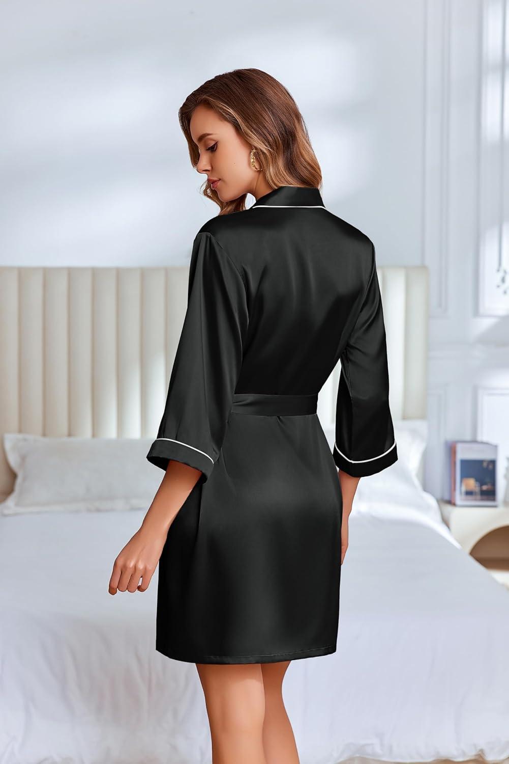 imageEkouaer Silky Robes for Women Satin Knee Length Bride Bridesmaid Wedding Party Bathrobe Lightweight Sleepwear with PocketsBlack