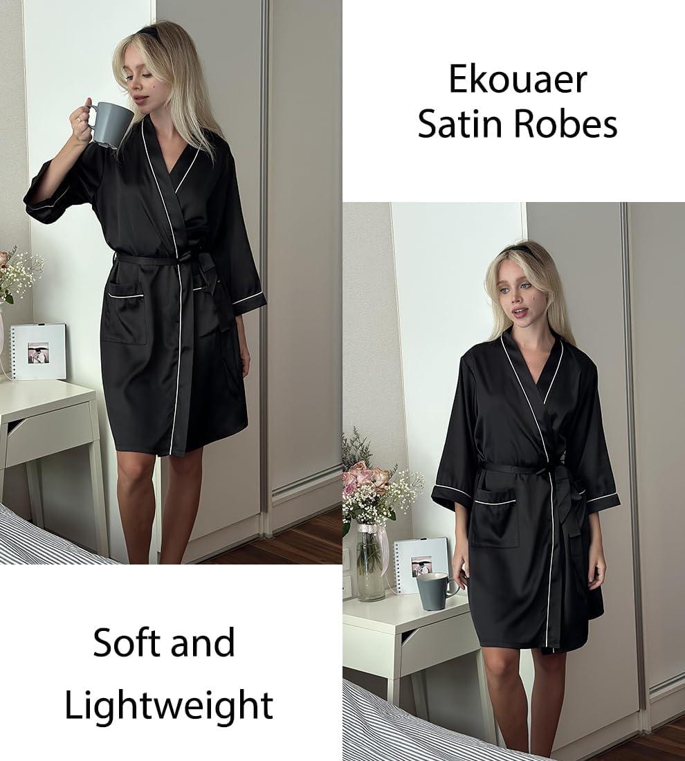 imageEkouaer Silky Robes for Women Satin Knee Length Bride Bridesmaid Wedding Party Bathrobe Lightweight Sleepwear with PocketsBlack