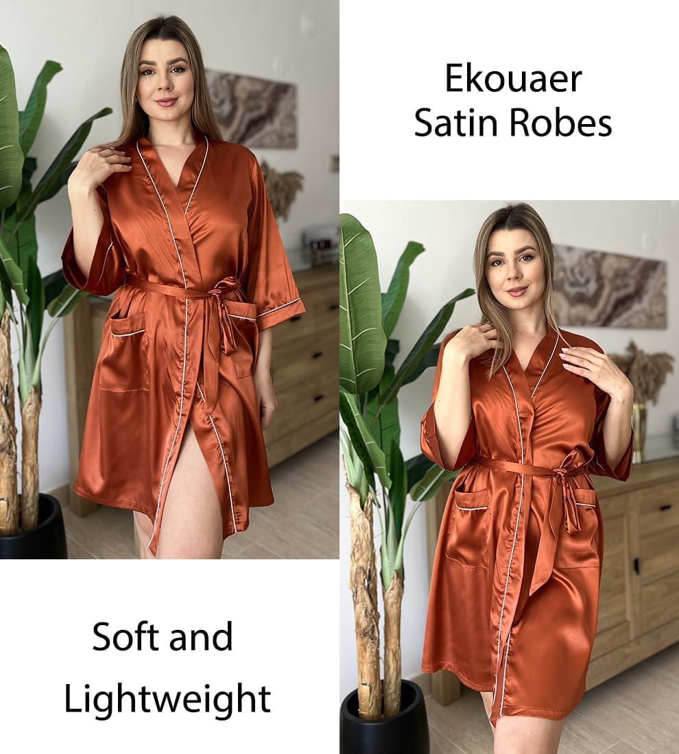 imageEkouaer Silky Robes for Women Satin Knee Length Bride Bridesmaid Wedding Party Bathrobe Lightweight Sleepwear with PocketsBrown