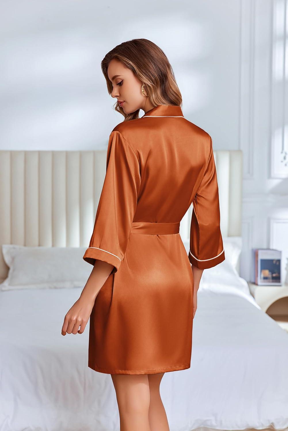 imageEkouaer Silky Robes for Women Satin Knee Length Bride Bridesmaid Wedding Party Bathrobe Lightweight Sleepwear with PocketsBrown