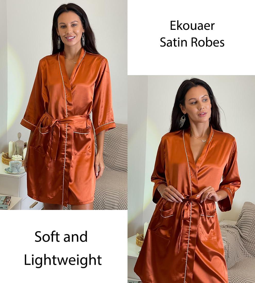 imageEkouaer Silky Robes for Women Satin Knee Length Bride Bridesmaid Wedding Party Bathrobe Lightweight Sleepwear with PocketsBrown