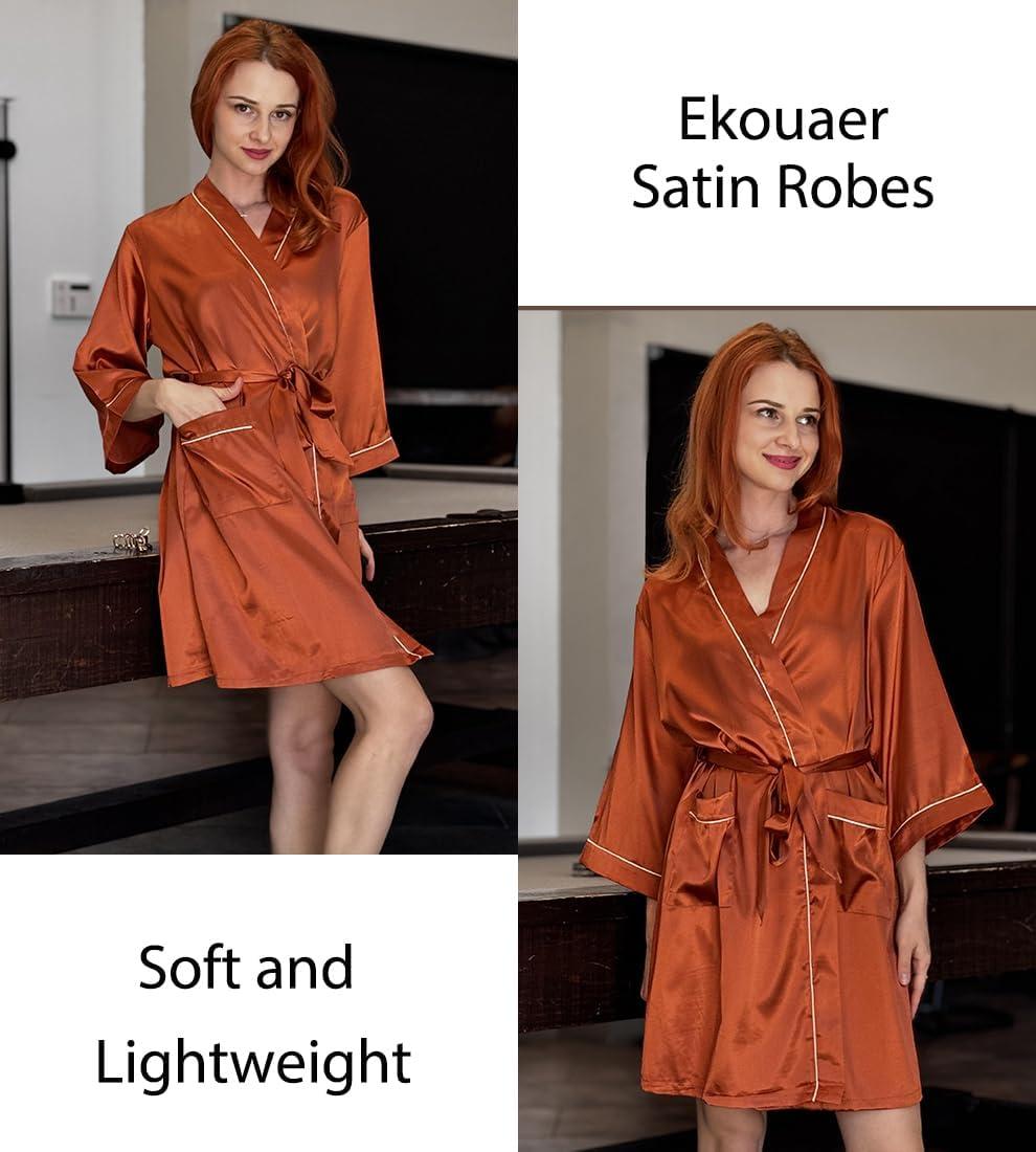 imageEkouaer Silky Robes for Women Satin Knee Length Bride Bridesmaid Wedding Party Bathrobe Lightweight Sleepwear with PocketsBrown