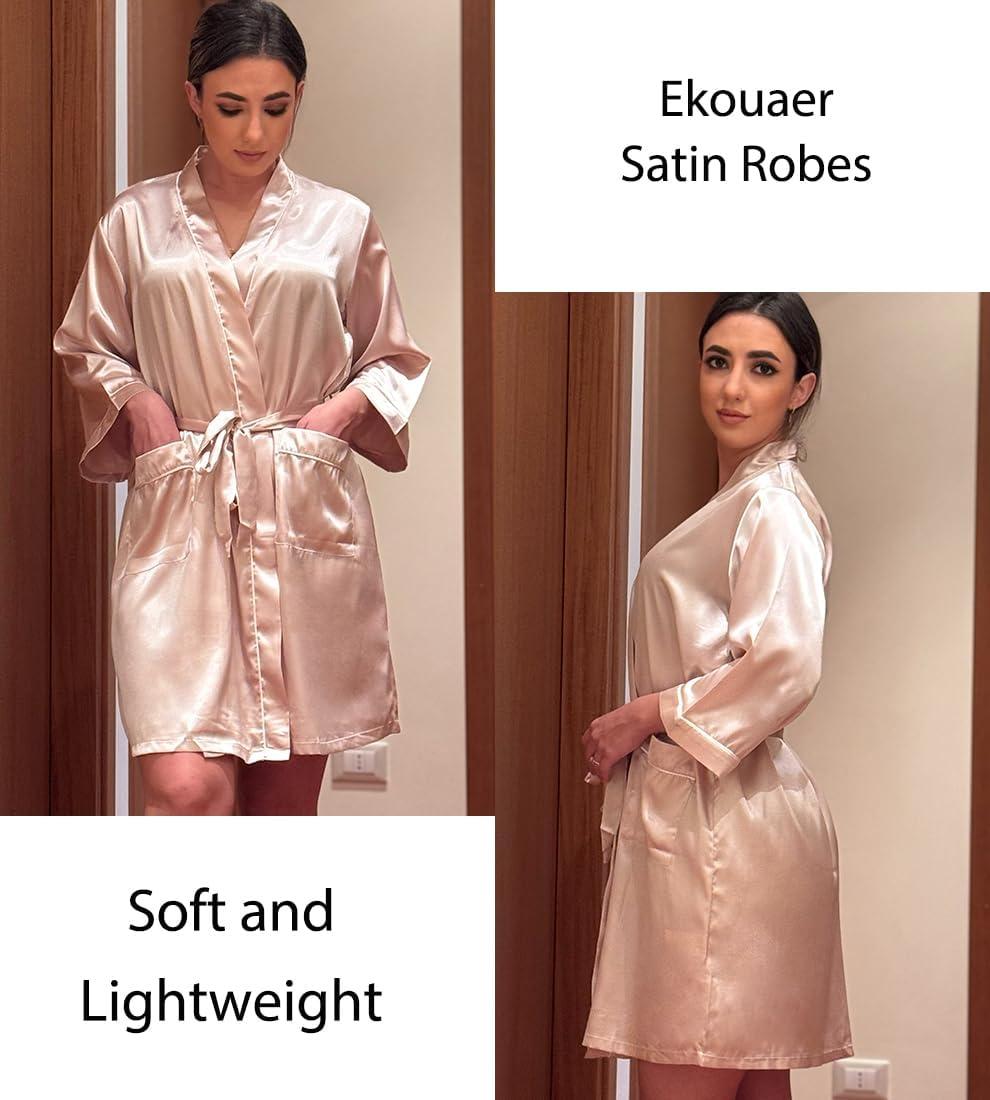 imageEkouaer Silky Robes for Women Satin Knee Length Bride Bridesmaid Wedding Party Bathrobe Lightweight Sleepwear with PocketsChampagne
