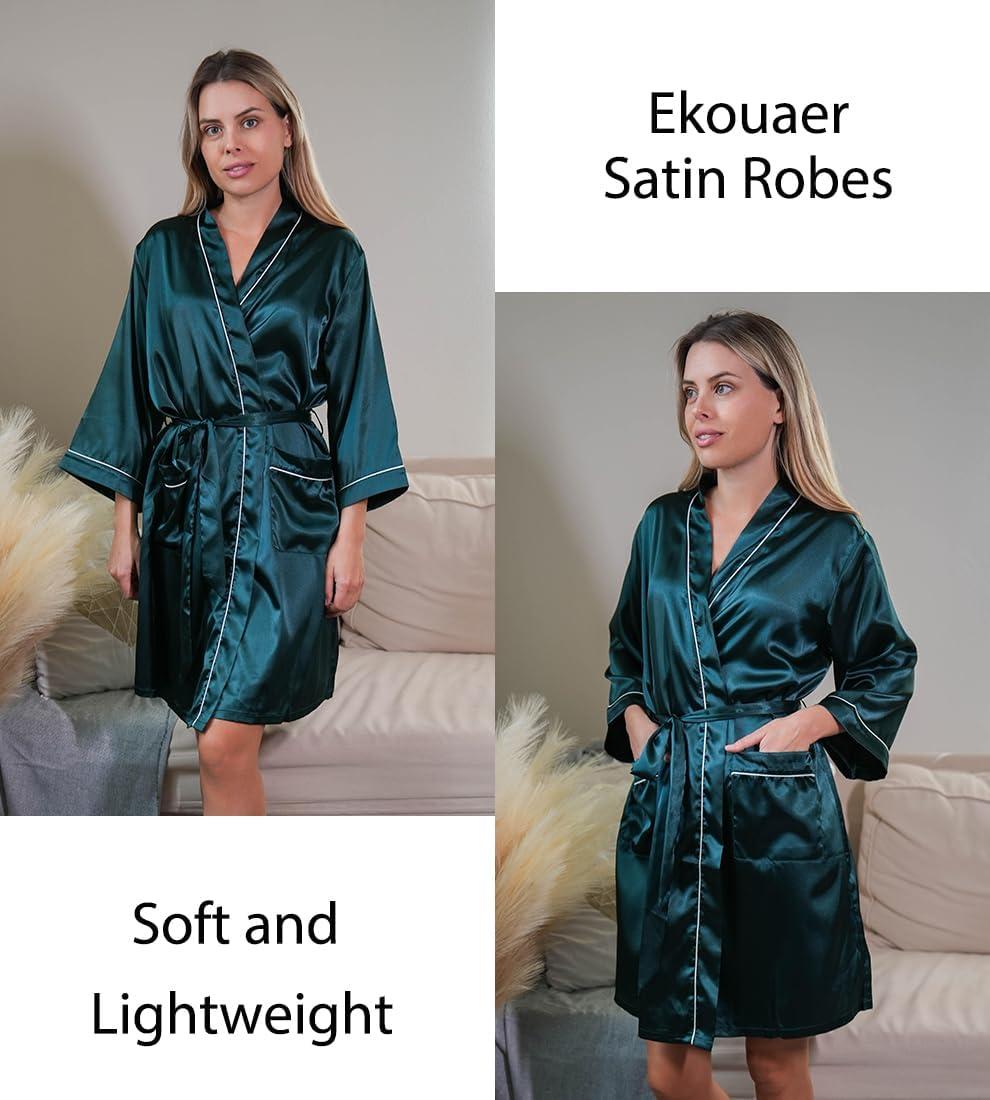 imageEkouaer Silky Robes for Women Satin Knee Length Bride Bridesmaid Wedding Party Bathrobe Lightweight Sleepwear with PocketsDark Green