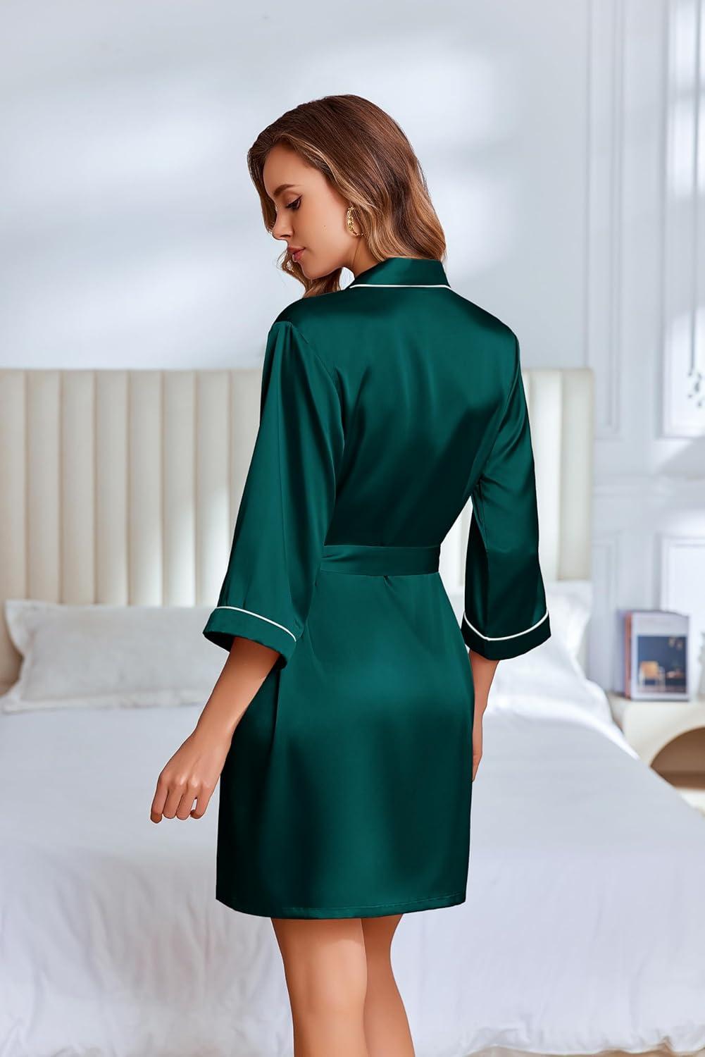 imageEkouaer Silky Robes for Women Satin Knee Length Bride Bridesmaid Wedding Party Bathrobe Lightweight Sleepwear with PocketsDark Green