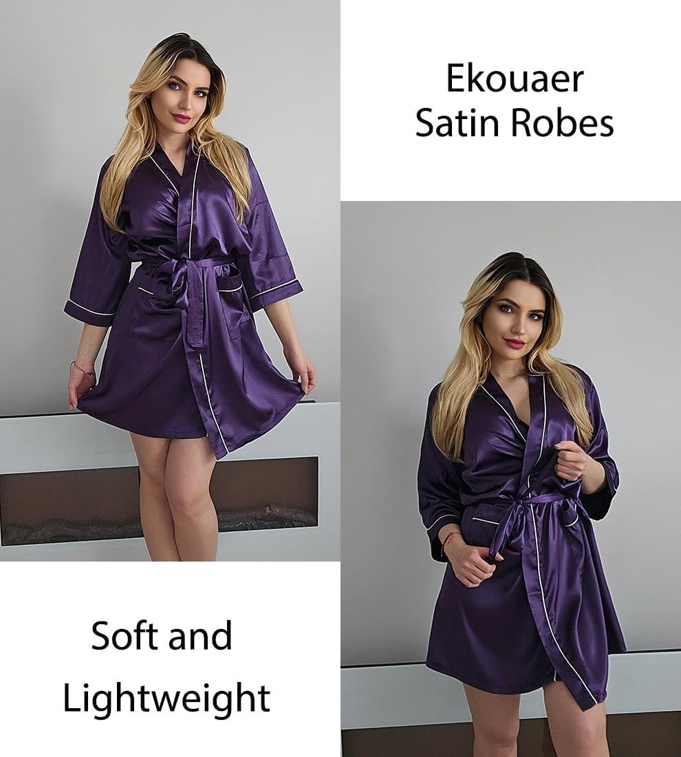 imageEkouaer Silky Robes for Women Satin Knee Length Bride Bridesmaid Wedding Party Bathrobe Lightweight Sleepwear with PocketsDeep Purple