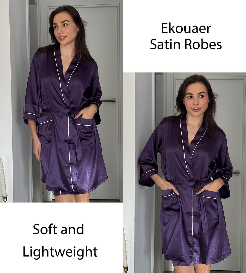 imageEkouaer Silky Robes for Women Satin Knee Length Bride Bridesmaid Wedding Party Bathrobe Lightweight Sleepwear with PocketsDeep Purple