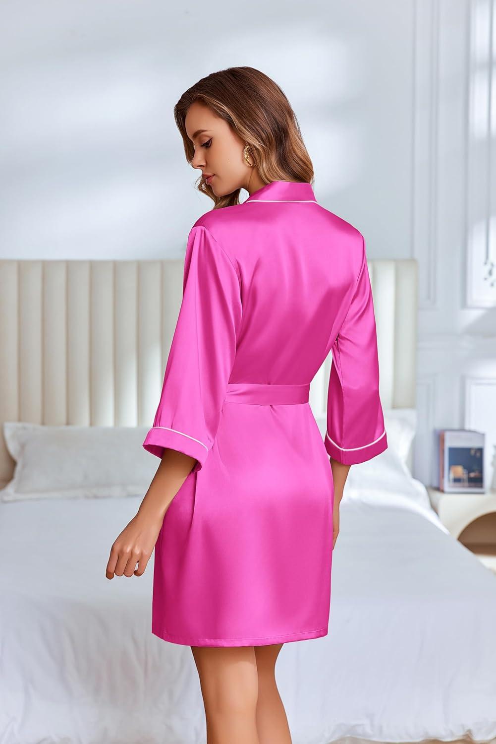 imageEkouaer Silky Robes for Women Satin Knee Length Bride Bridesmaid Wedding Party Bathrobe Lightweight Sleepwear with PocketsHot Pink