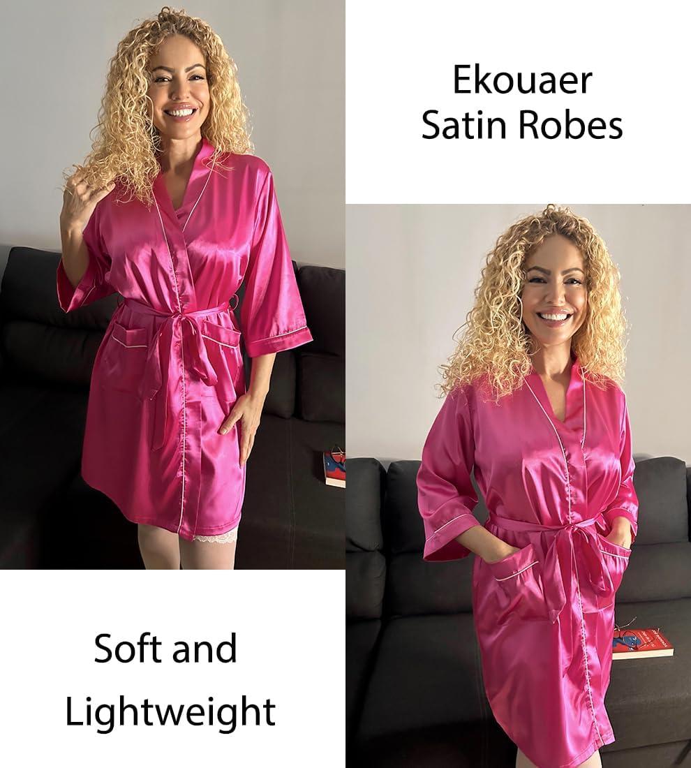 imageEkouaer Silky Robes for Women Satin Knee Length Bride Bridesmaid Wedding Party Bathrobe Lightweight Sleepwear with PocketsHot Pink