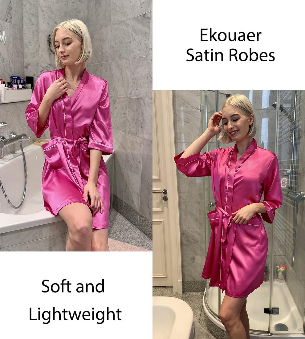imageEkouaer Silky Robes for Women Satin Knee Length Bride Bridesmaid Wedding Party Bathrobe Lightweight Sleepwear with PocketsHot Pink