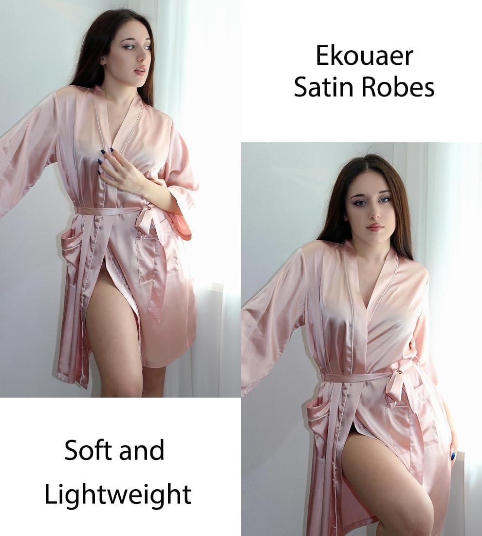 imageEkouaer Silky Robes for Women Satin Knee Length Bride Bridesmaid Wedding Party Bathrobe Lightweight Sleepwear with PocketsPink