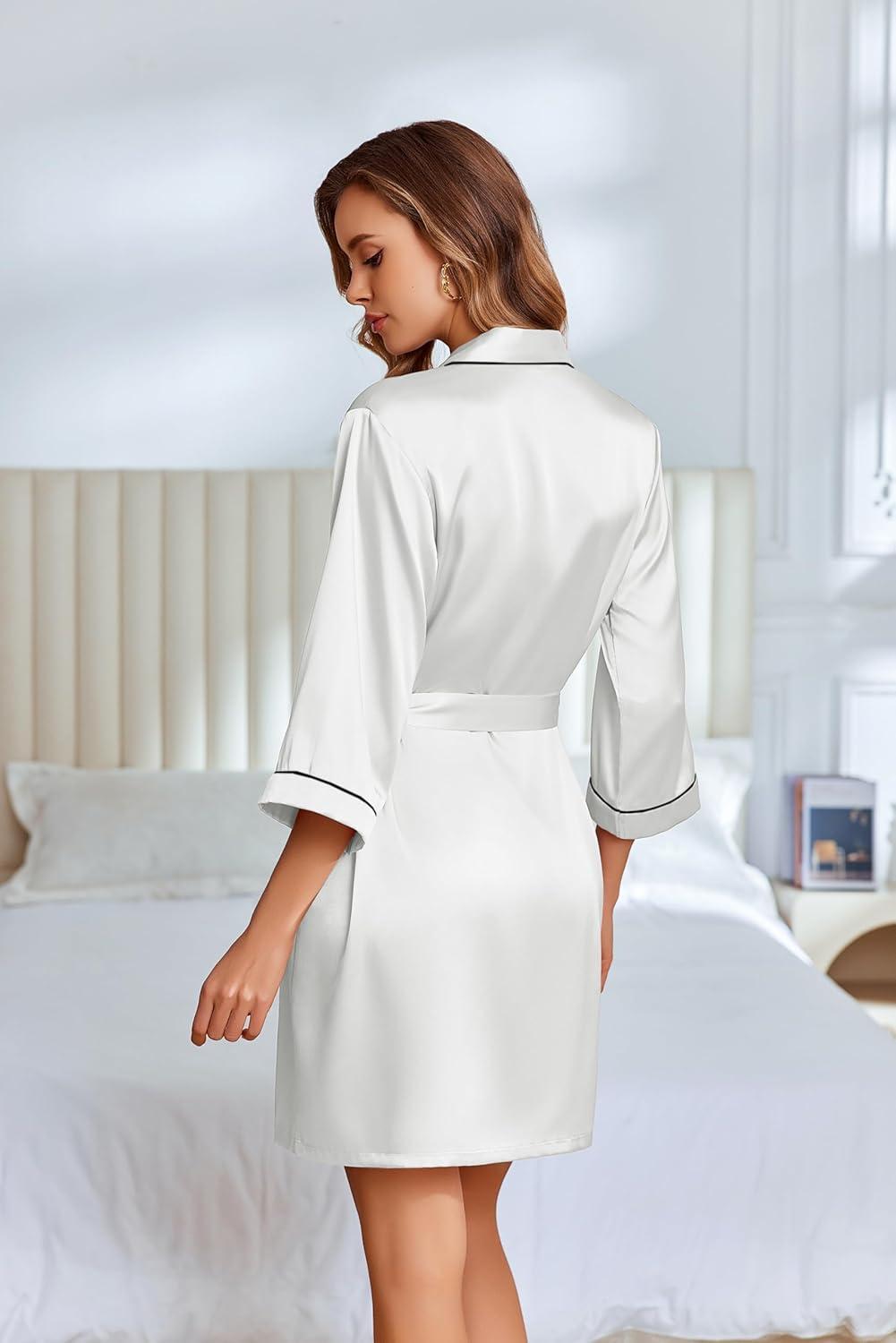 imageEkouaer Silky Robes for Women Satin Knee Length Bride Bridesmaid Wedding Party Bathrobe Lightweight Sleepwear with PocketsWhite