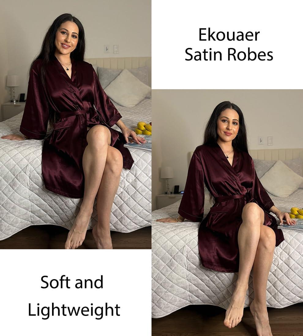 imageEkouaer Silky Robes for Women Satin Knee Length Bride Bridesmaid Wedding Party Bathrobe Lightweight Sleepwear with PocketsWine Red