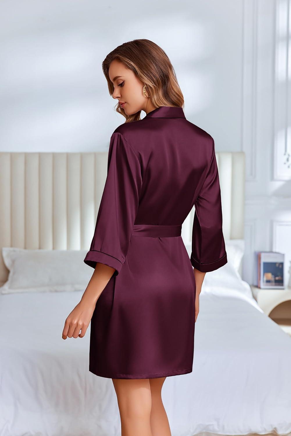 imageEkouaer Silky Robes for Women Satin Knee Length Bride Bridesmaid Wedding Party Bathrobe Lightweight Sleepwear with PocketsWine Red