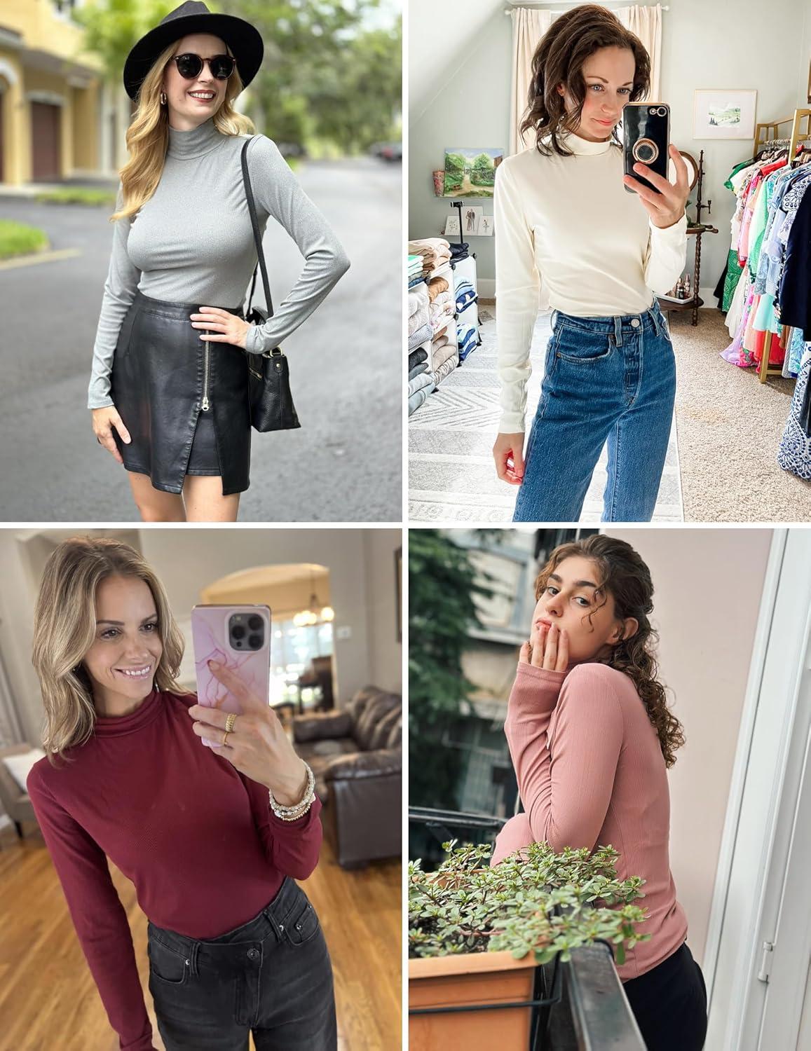 imageEkouaer Women 3 Pack Turtleneck Shirts Ribbed Thermal Underwear Tops Lightweight Long Sleeve Layer Tees Basic Pullover BlouseBlackWhiteDirty Pink