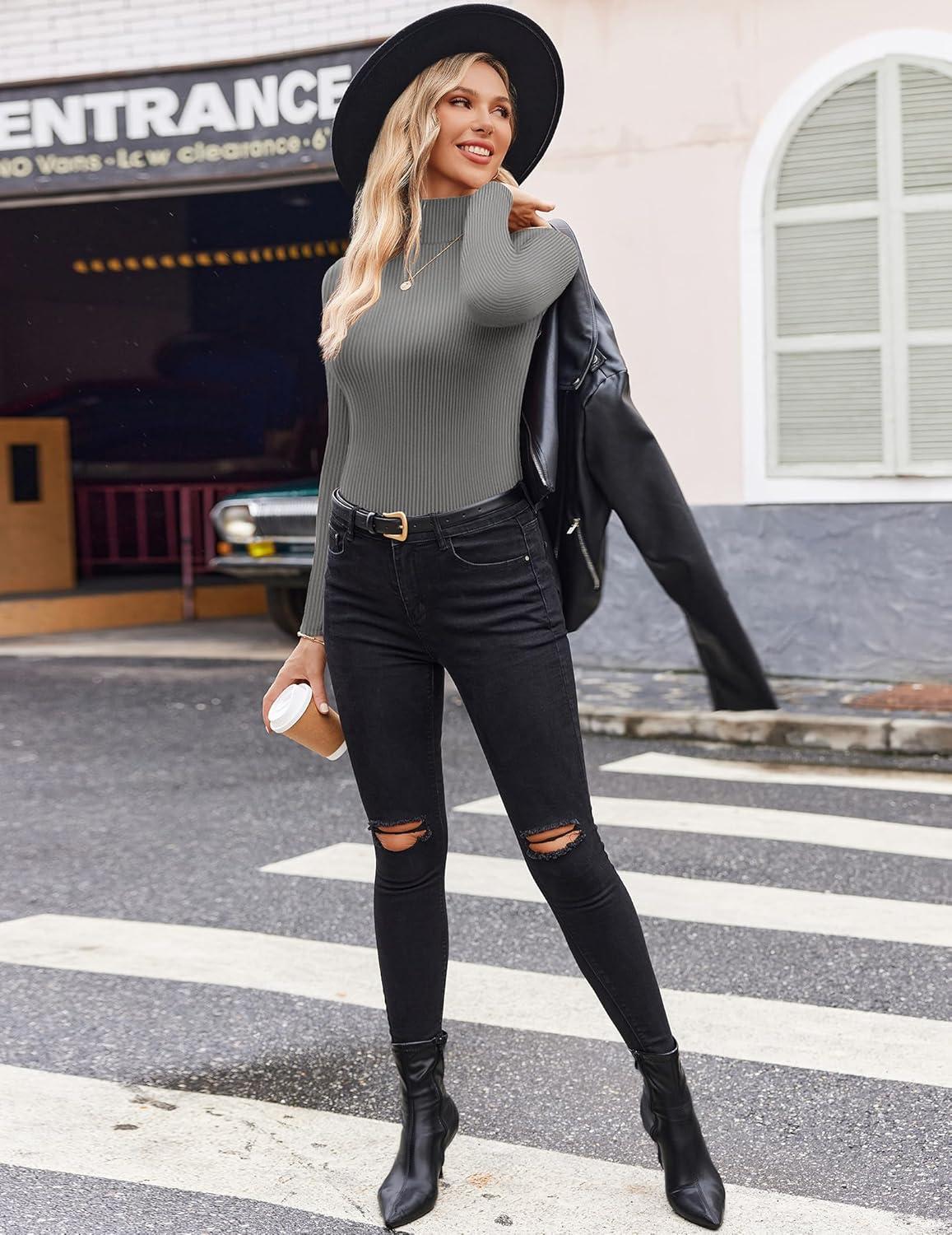 imageEkouaer Women Turtleneck Shirt Long Sleeve Layer Tops Basic Ribbed Tees Soft Stretch Thermal Undershirts Lightweight BlouseLight Gray