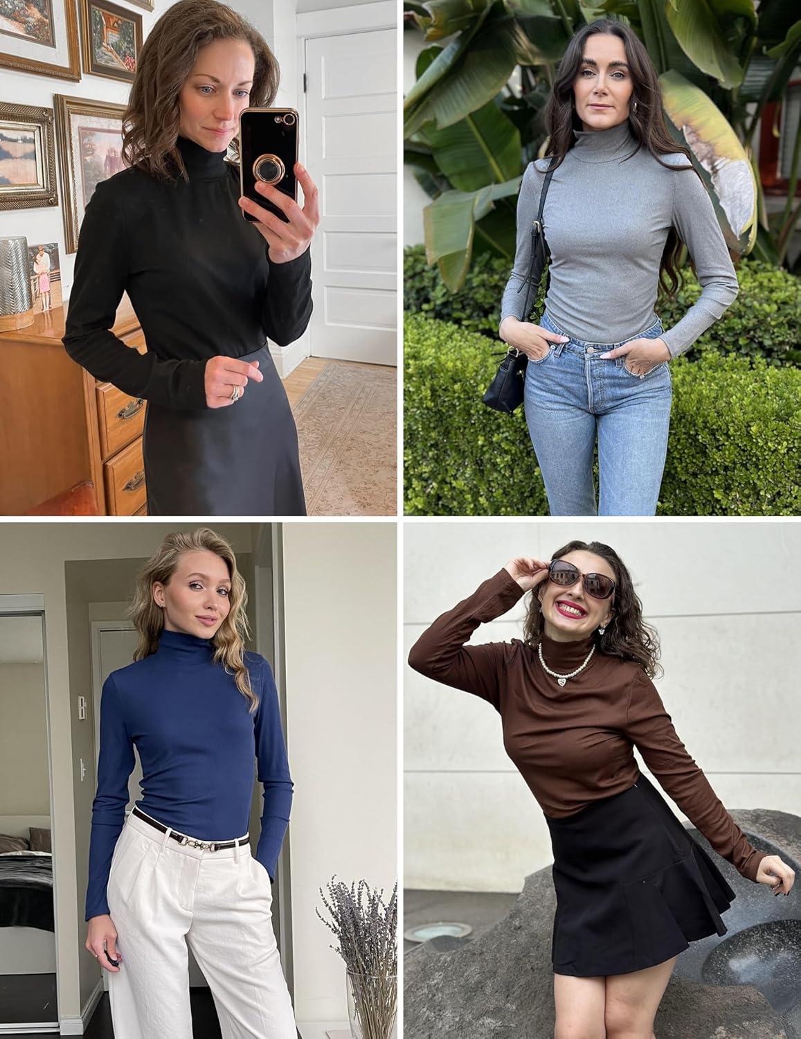 imageEkouaer Women Turtleneck Shirt Long Sleeve Layer Tops Basic Ribbed Tees Soft Stretch Thermal Undershirts Lightweight BlouseLight Gray