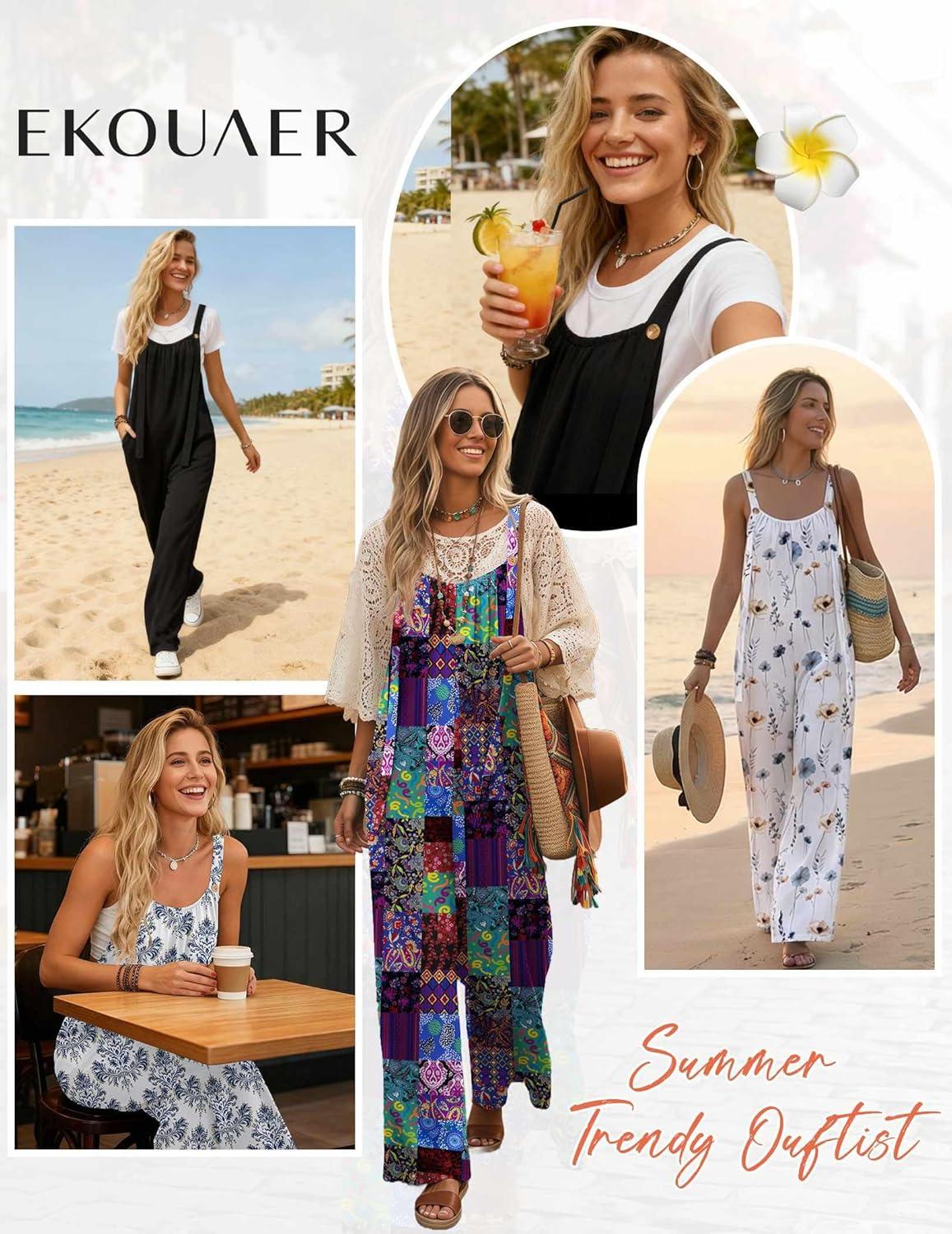 imageEkouaer Womens Casual Overalls Boho Floral Loose Wide Leg Jumpsuits Summer Pleated Outfits with PocketsBlack