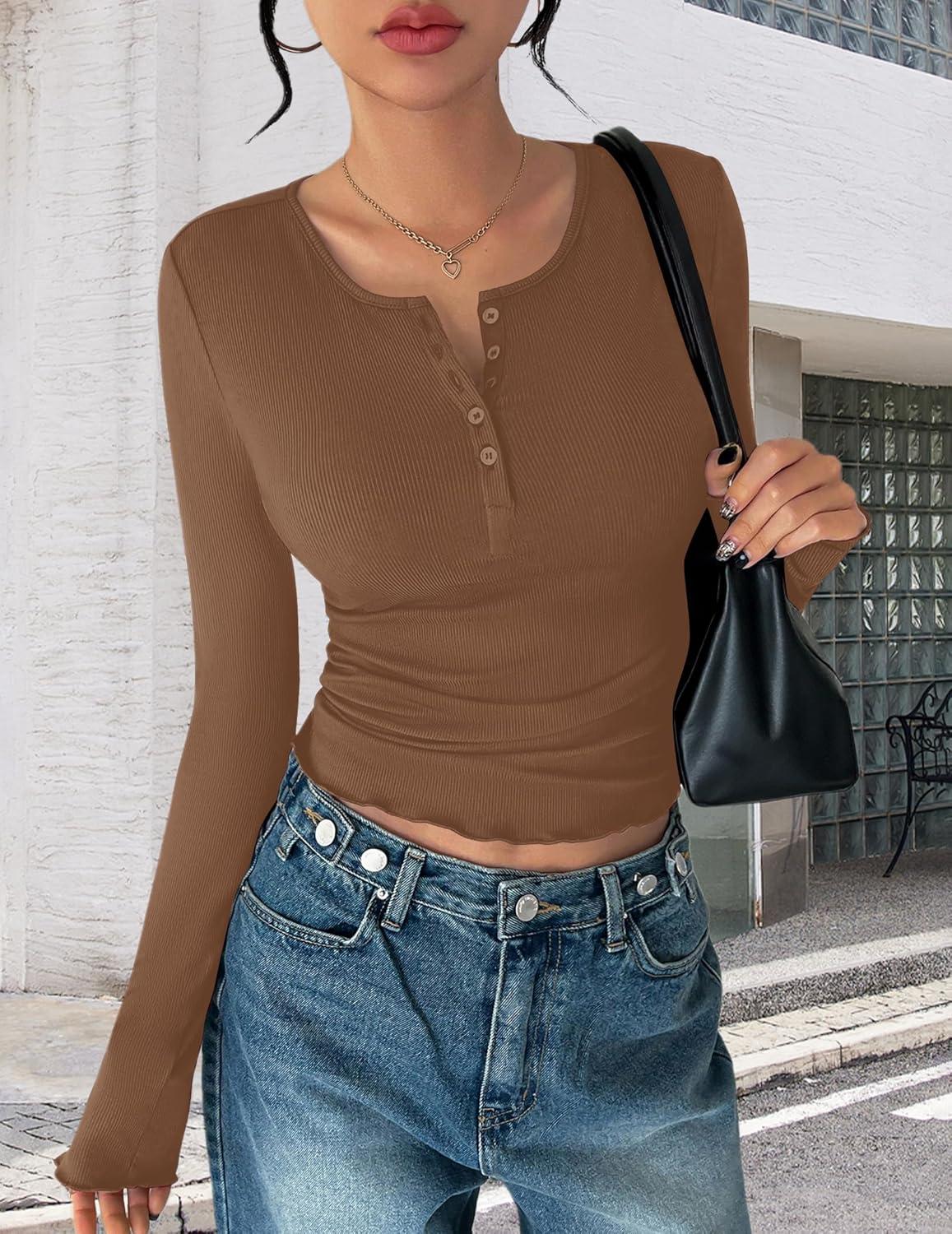 imageEkouaer Womens Long Sleeve Henley Shirts Button Ribbed Knit Tops Basic Layering Slim Fit Soft Thermal Underwear TopsBrown