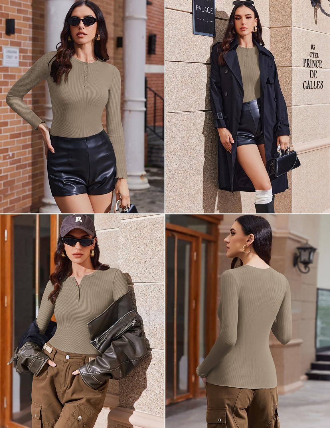 imageEkouaer Womens Long Sleeve Henley Shirts Button Ribbed Knit Tops Basic Layering Slim Fit Soft Thermal Underwear TopsKhaki