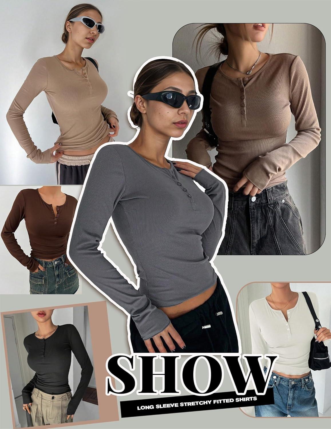 imageEkouaer Womens Long Sleeve Henley Shirts Button Ribbed Knit Tops Basic Layering Slim Fit Soft Thermal Underwear TopsLight Green
