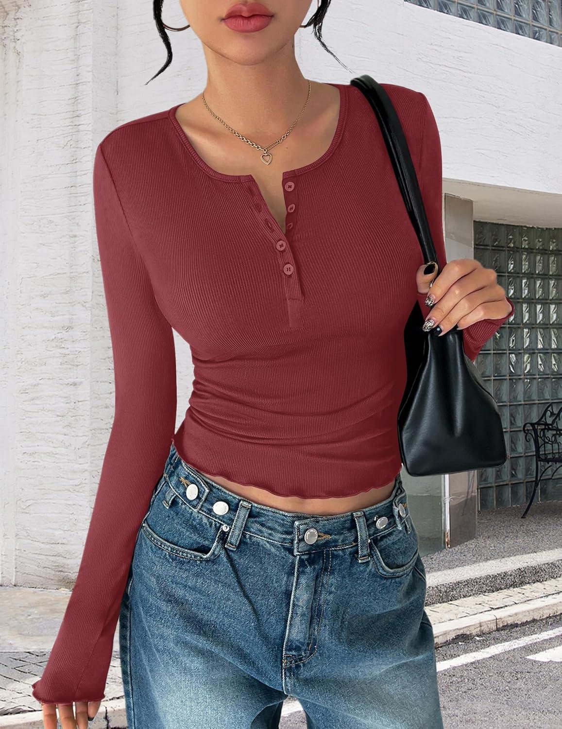 imageEkouaer Womens Long Sleeve Henley Shirts Button Ribbed Knit Tops Basic Layering Slim Fit Soft Thermal Underwear TopsWine Red