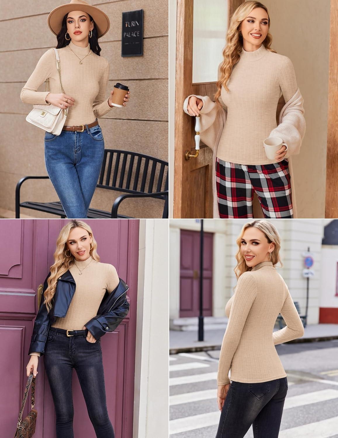 imageEkouaer Womens Long Sleeve Mock Turtleneck Tops Ribbed Shirts Fleece Soft Thermal Undershirts TeeBeige