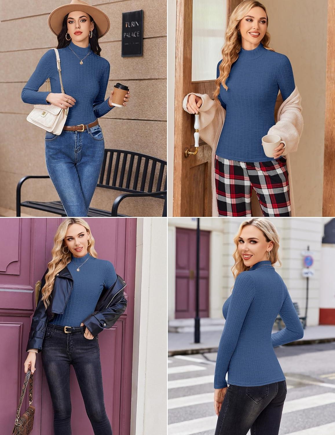 imageEkouaer Womens Long Sleeve Mock Turtleneck Tops Ribbed Shirts Fleece Soft Thermal Undershirts TeeGrey Blue1