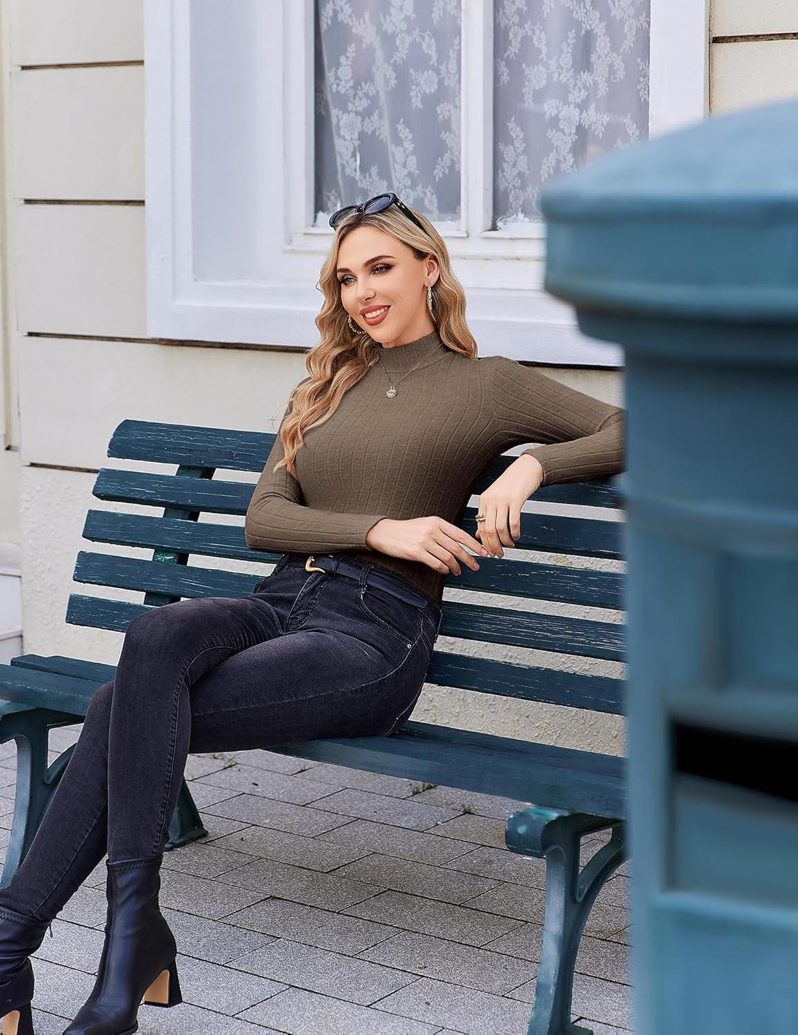 imageEkouaer Womens Long Sleeve Mock Turtleneck Tops Ribbed Shirts Fleece Soft Thermal Undershirts TeeLight Brown