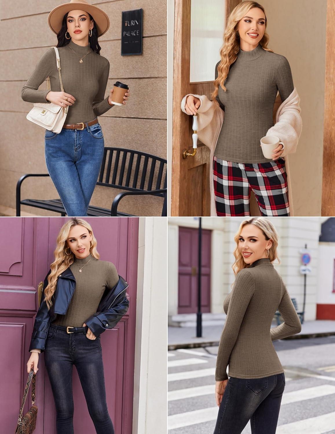 imageEkouaer Womens Long Sleeve Mock Turtleneck Tops Ribbed Shirts Fleece Soft Thermal Undershirts TeeLight Brown