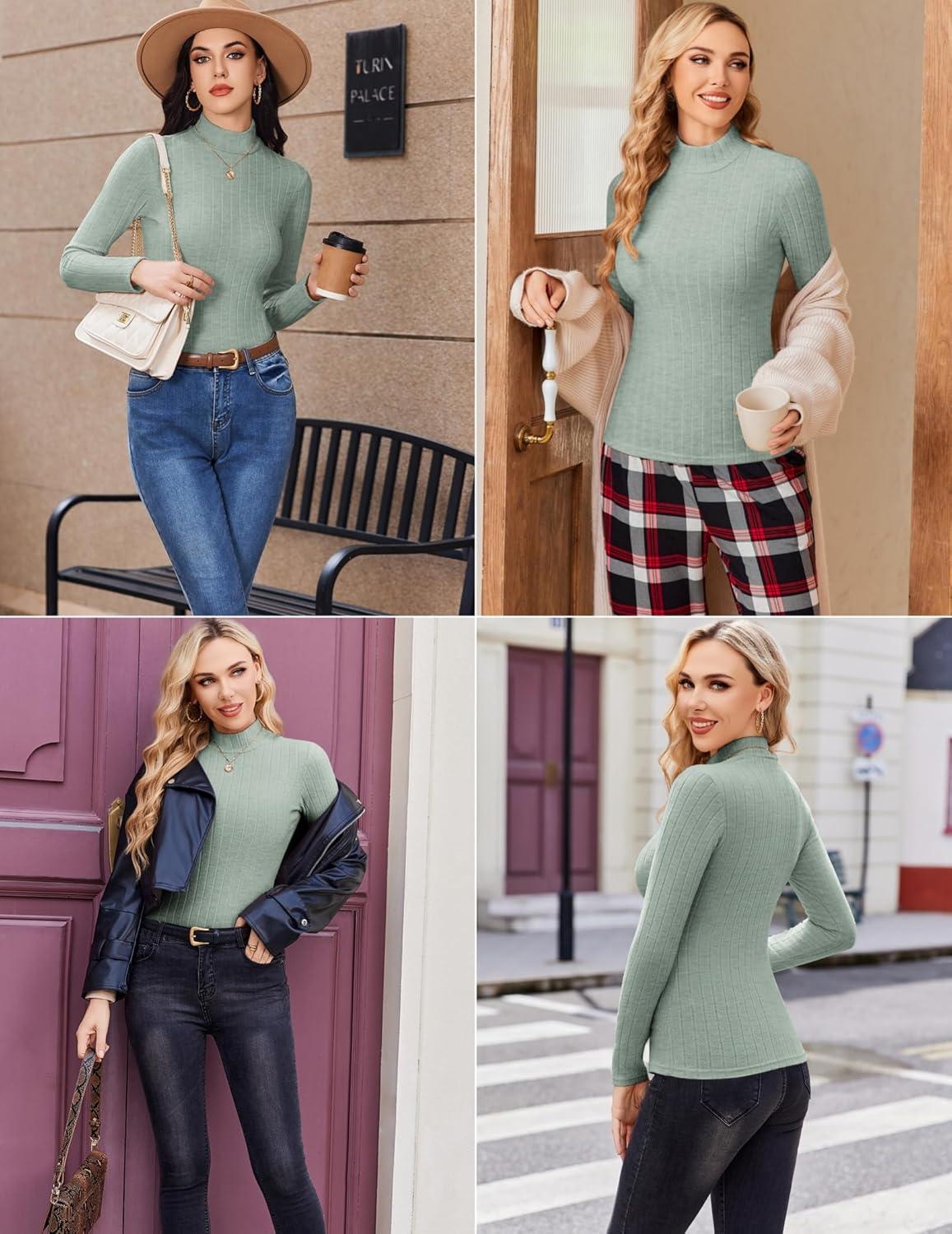 imageEkouaer Womens Long Sleeve Mock Turtleneck Tops Ribbed Shirts Fleece Soft Thermal Undershirts TeeLight Green1