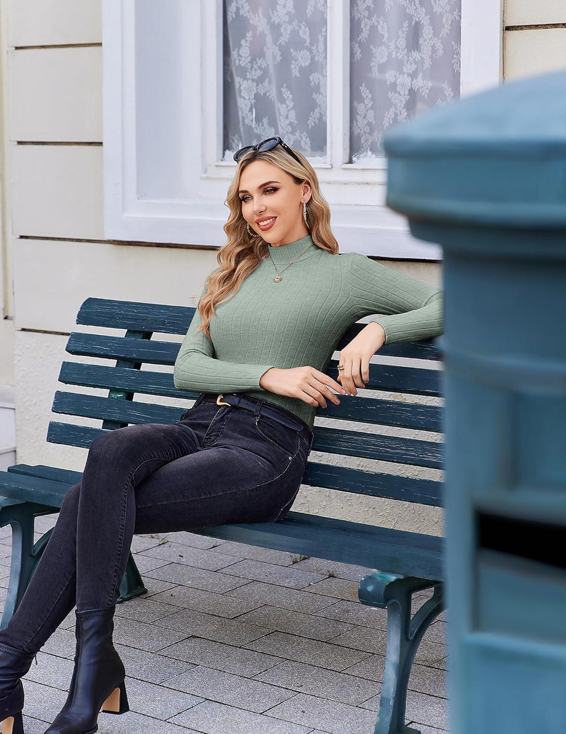 imageEkouaer Womens Long Sleeve Mock Turtleneck Tops Ribbed Shirts Fleece Soft Thermal Undershirts TeeLight Green1