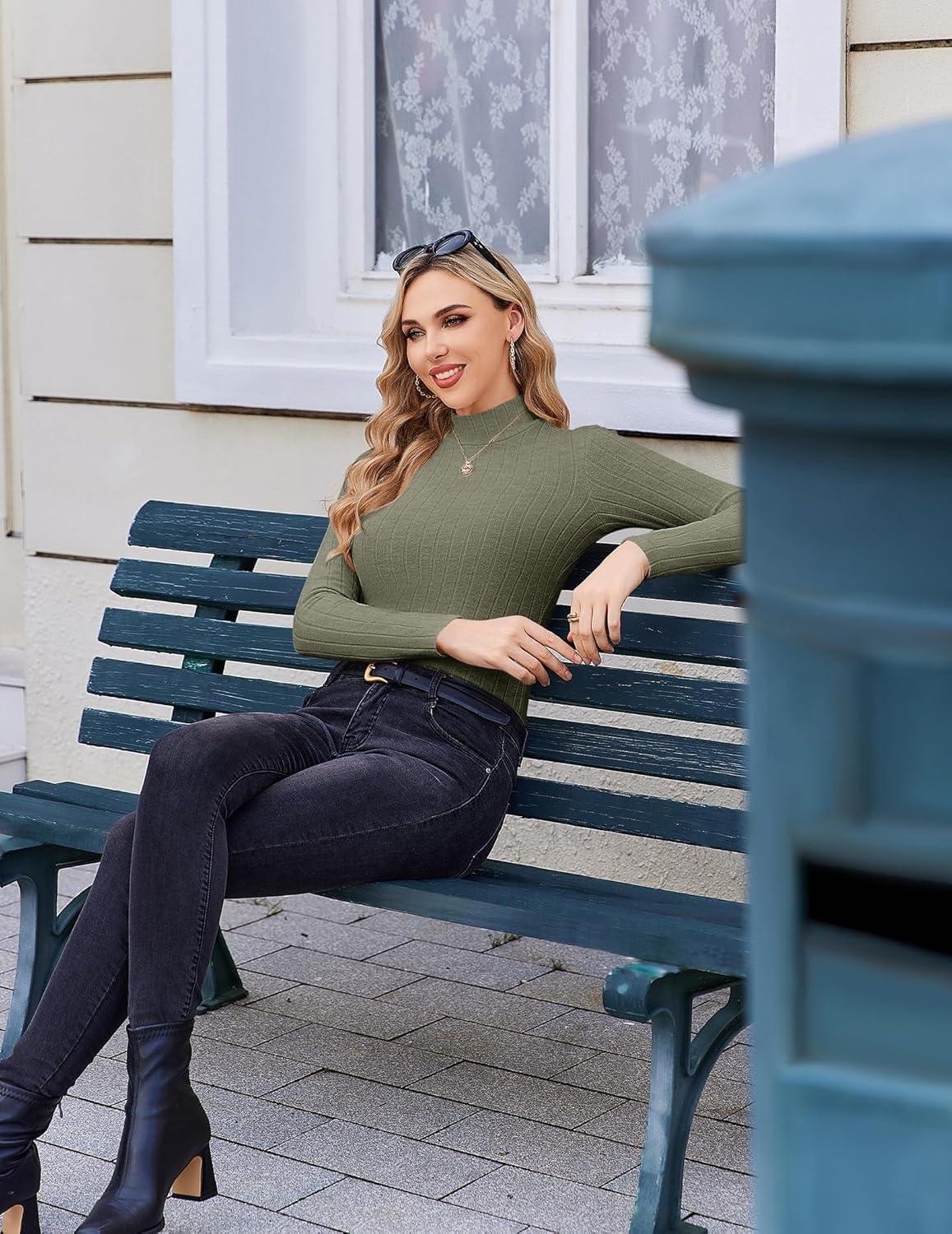 imageEkouaer Womens Long Sleeve Mock Turtleneck Tops Ribbed Shirts Fleece Soft Thermal Undershirts TeeOlive