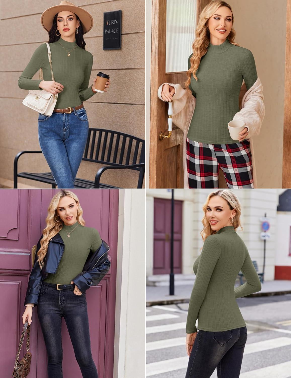 imageEkouaer Womens Long Sleeve Mock Turtleneck Tops Ribbed Shirts Fleece Soft Thermal Undershirts TeeOlive