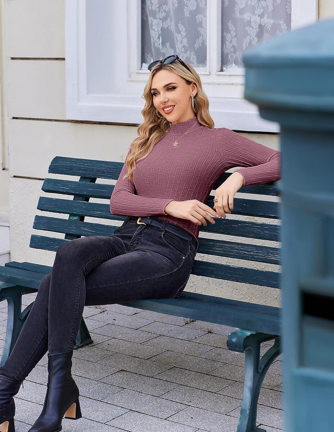 imageEkouaer Womens Long Sleeve Mock Turtleneck Tops Ribbed Shirts Fleece Soft Thermal Undershirts TeePurple Red