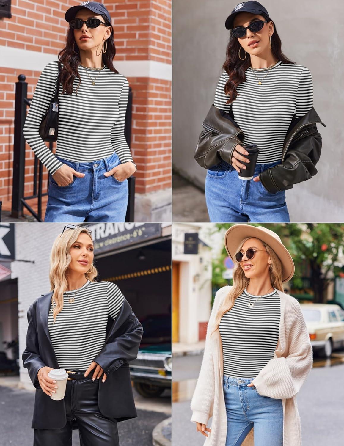 imageEkouaer Womens Long Sleeve Shirts 3 Packs Crew Neck Stretchy Fitted Tops Ribbed Base Layer Soft Thermal Undershirts TeeBlack White Stripe Navy White Stripe Grey White Stripe 3pcs